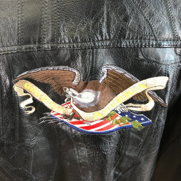 Vintage Men's Leather Jacket Large Patriotic Black Full Zip Collared Biker - Picture 10 of 16